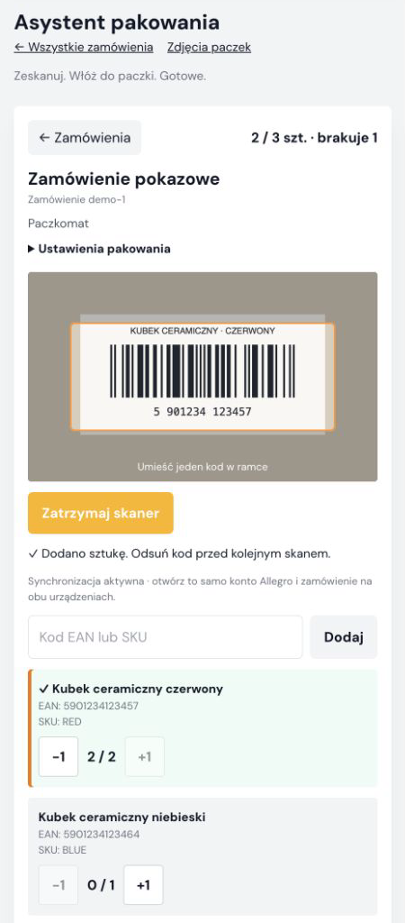 Ekran asystenta pakowania: aktywny skaner kodów kreskowych, dwa czerwone kubki skompletowane i jeden niebieski pozostały do spakowania