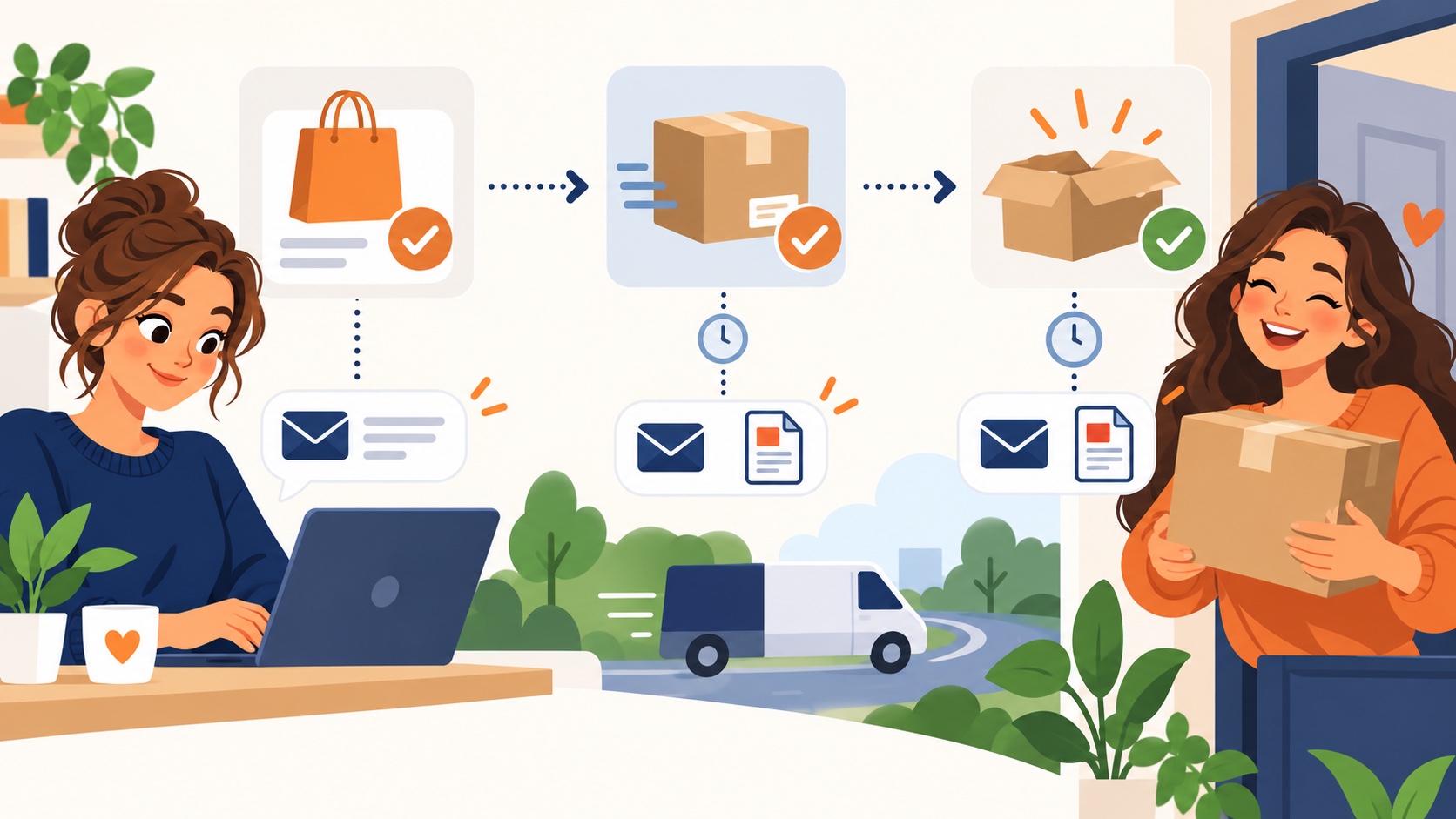 Sprzedawca korzysta z prostego schematu automatycznej obsługi zamówień — ilustracja flat design