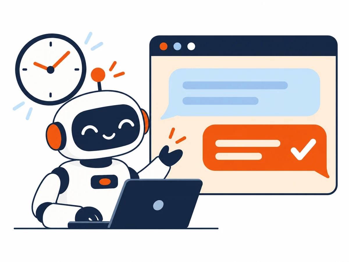 Przyjazny robot przygotowuje odpowiedzi na wiadomości przy laptopie — prosta ilustracja flat design