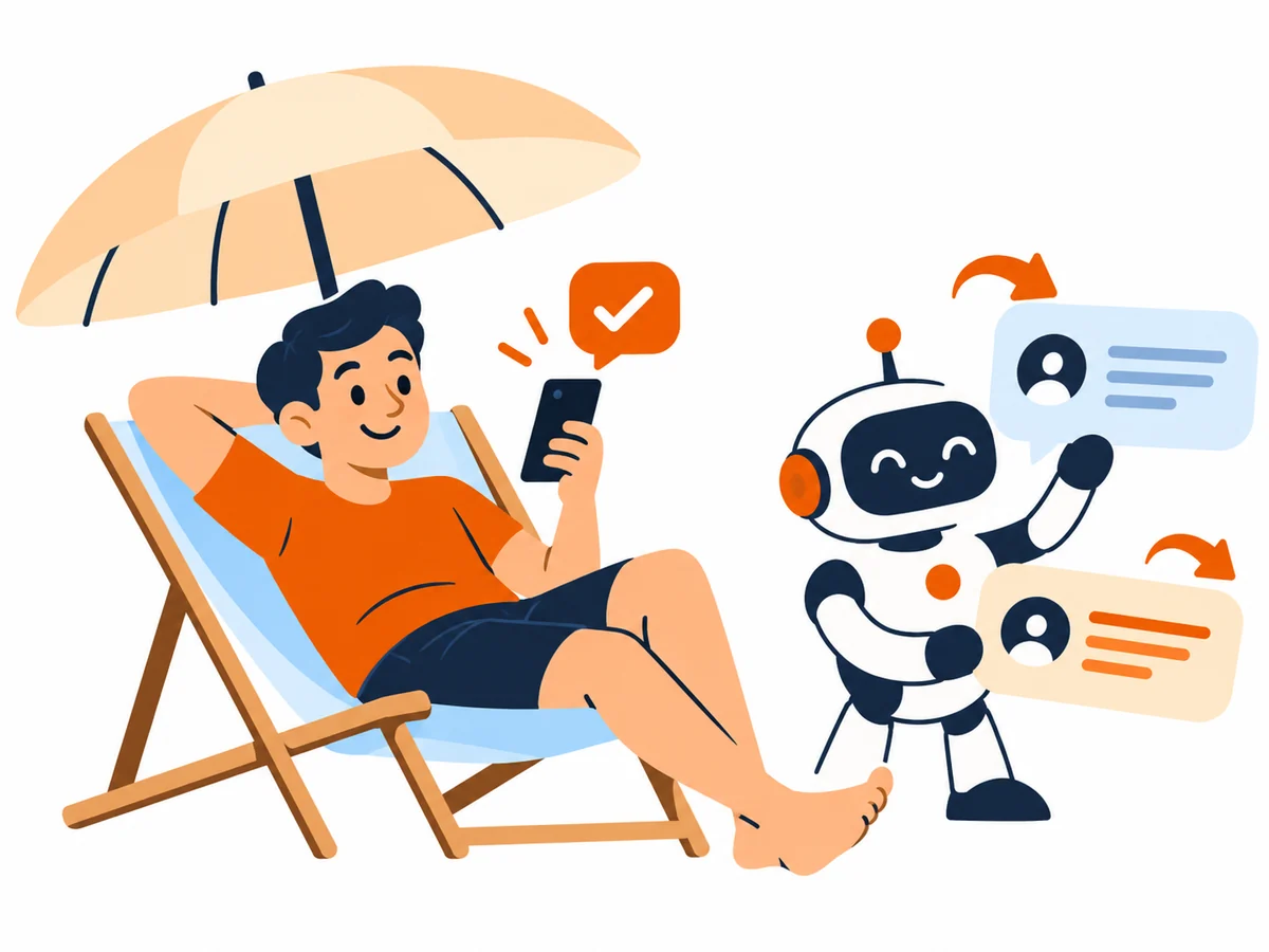 Sprzedawca odpoczywa pod parasolem, a robot obsługuje wiadomości — prosta ilustracja cartoon
