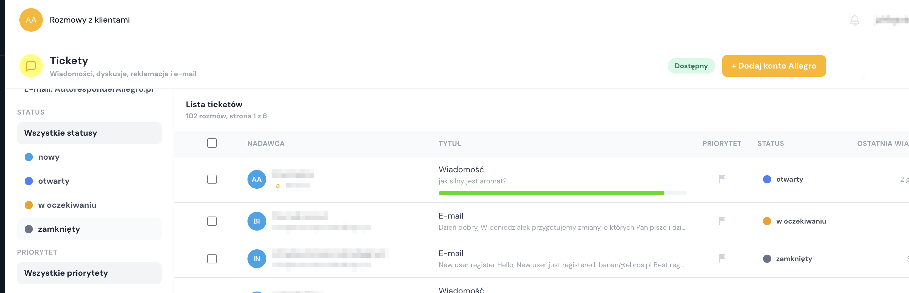 Wspólna lista wiadomości, dyskusji, reklamacji i e-maili w AutoresponderAllegro.pl