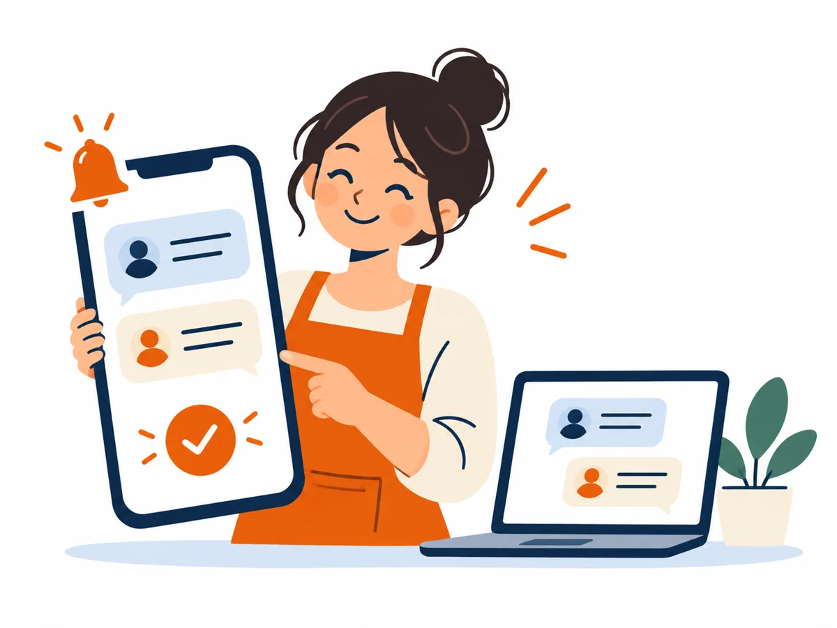 Sprzedawca korzysta z rozmów i powiadomień na telefonie obok laptopa — ilustracja flat design