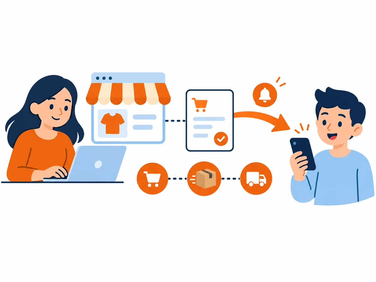Sklep internetowy połączony z zamówieniem i powiadomieniem na telefonie — ilustracja flat design