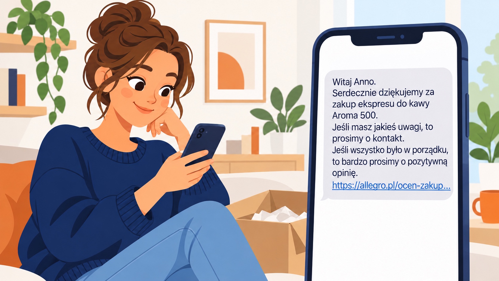 Zadowolona klientka otrzymująca SMS z prośbą o opinię po zakupie