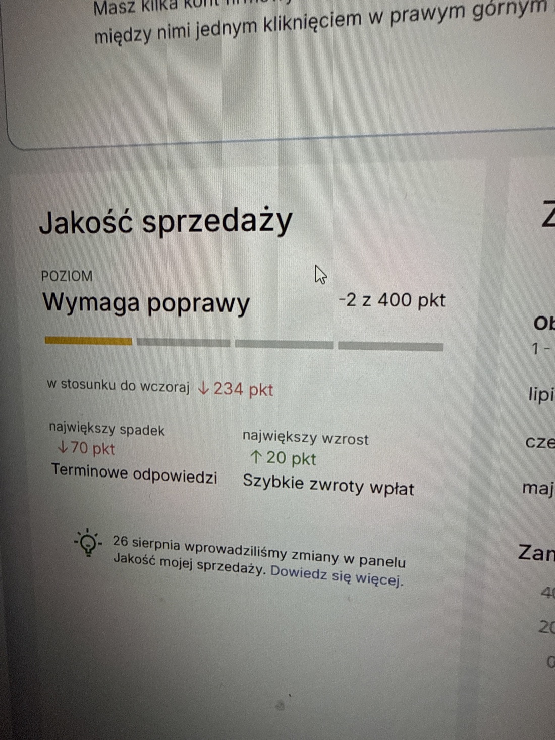 Przykład spadku punktów jakości sprzedaży po zmianach wprowadzonych przez Allegro 26 sierpnia