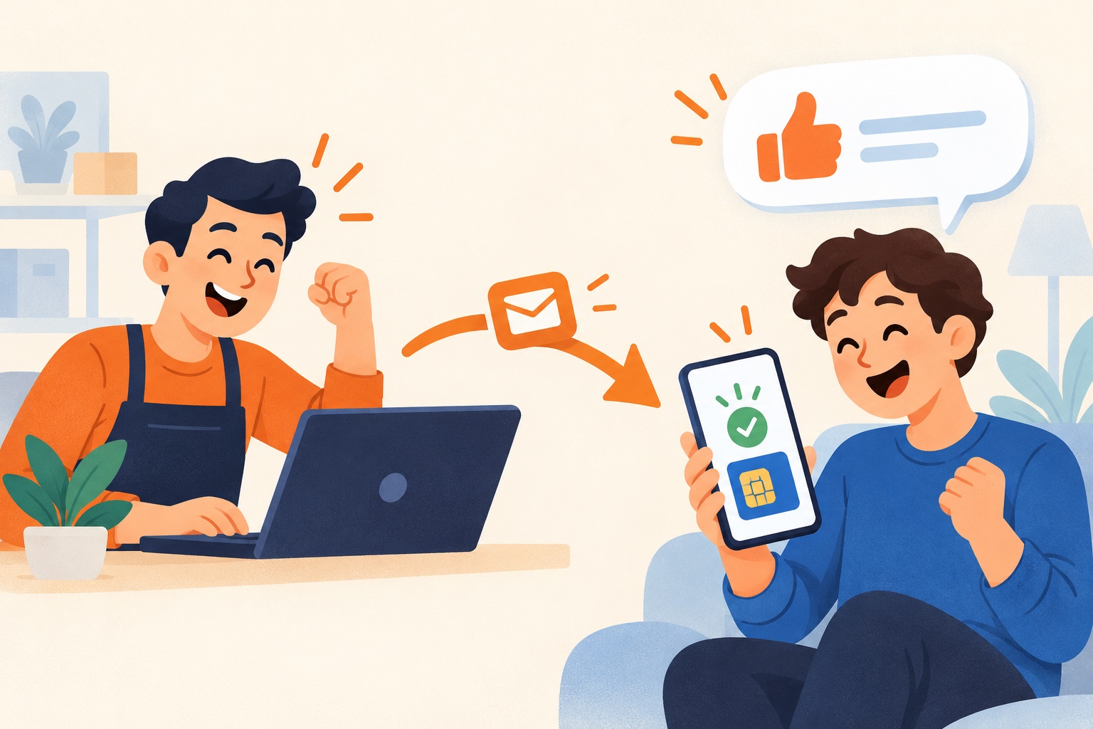 Sprzedawca automatycznie dostarcza kod na telefon zadowolonego klienta, który poleca zakup — prosta ilustracja flat design