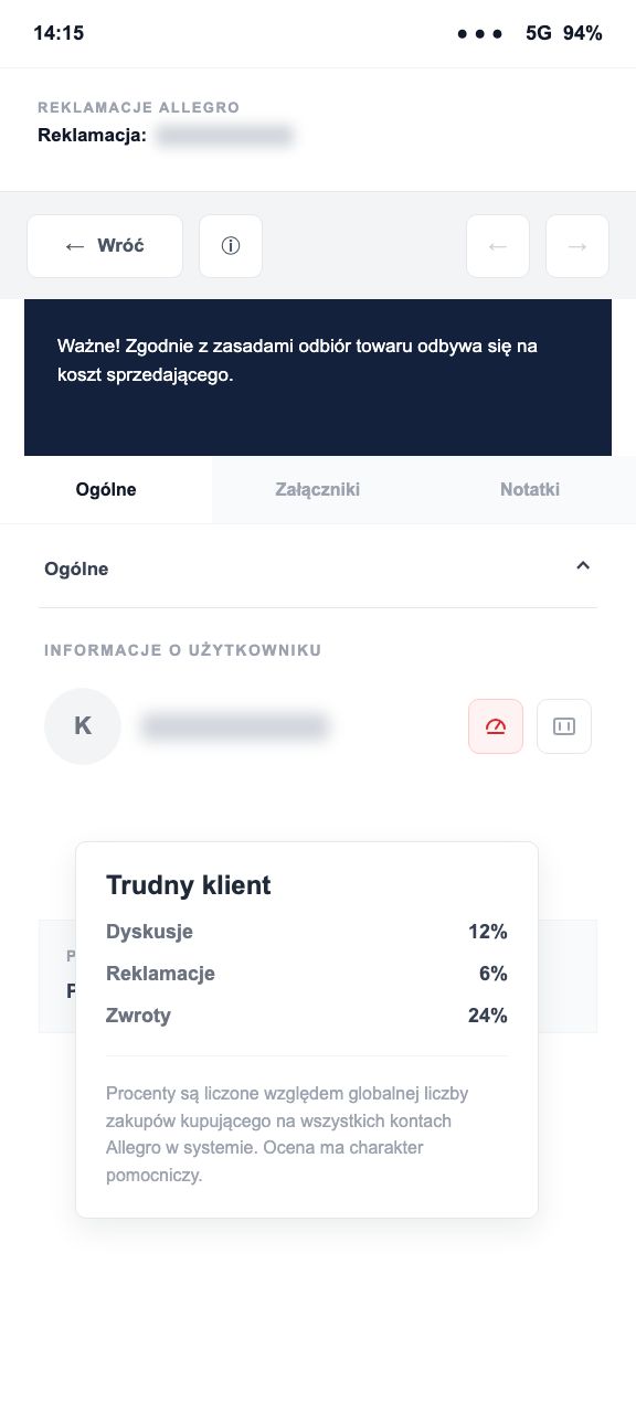 Czerwone ostrzeżenie o trudnym kliencie w panelu mobilnym