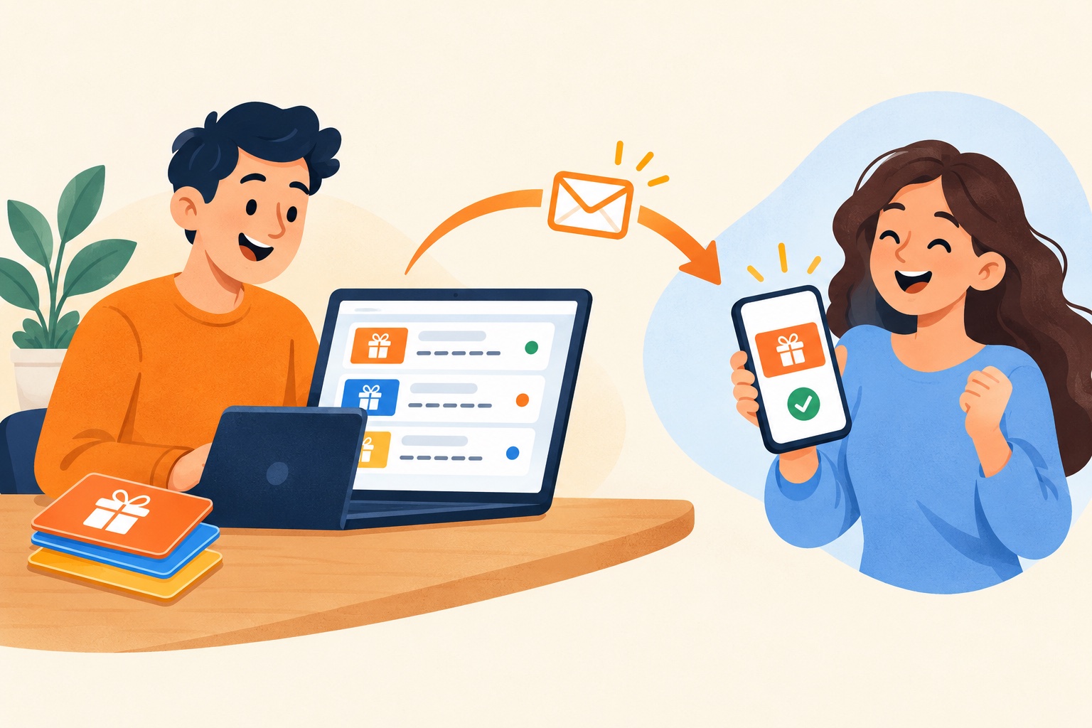 Sprzedawca zarządza kodami na laptopie, a klientka otrzymuje kod na telefon — ilustracja flat design