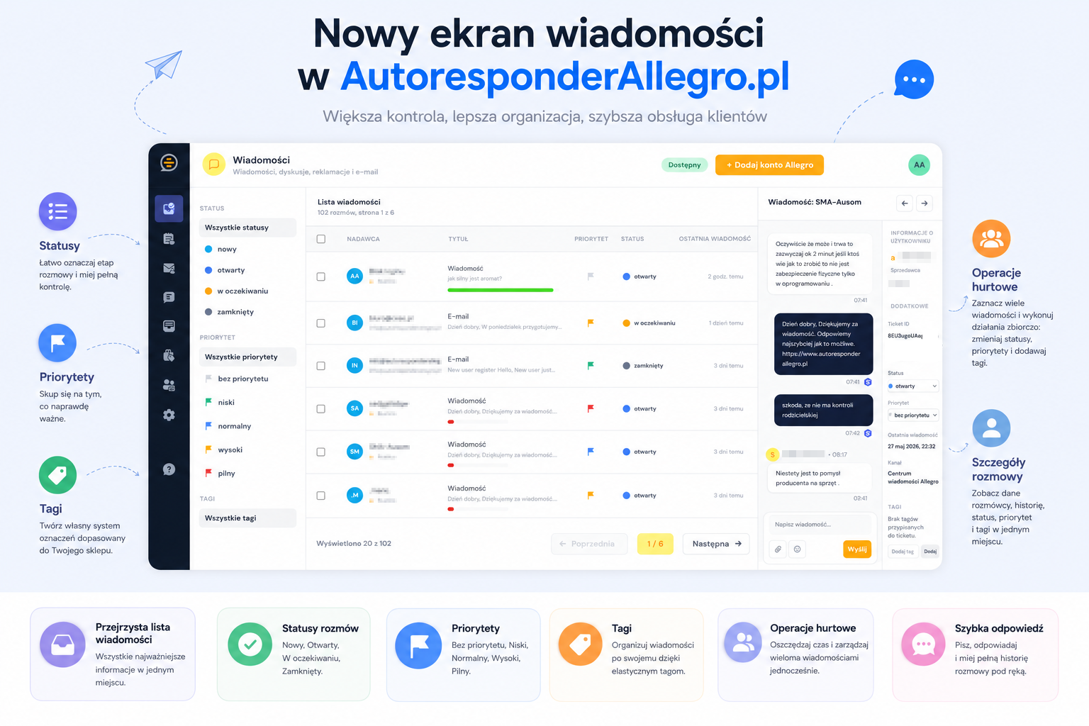 Nowy autoresponder Allegro z tagami, statusami, priorytetami
